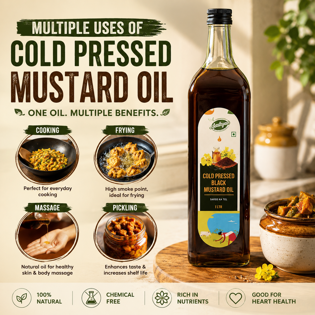 Aadhyaa Coldpressed Mustard Oil 1 Ltr - bottle of cold-pressed oil | Aadhyaa Farm organic product
