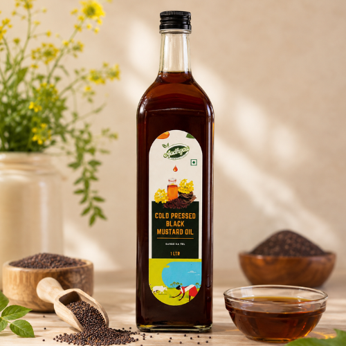 Aadhyaa Coldpressed Mustard Oil 1 Ltr - bottle of cold-pressed oil | Aadhyaa Farm organic product