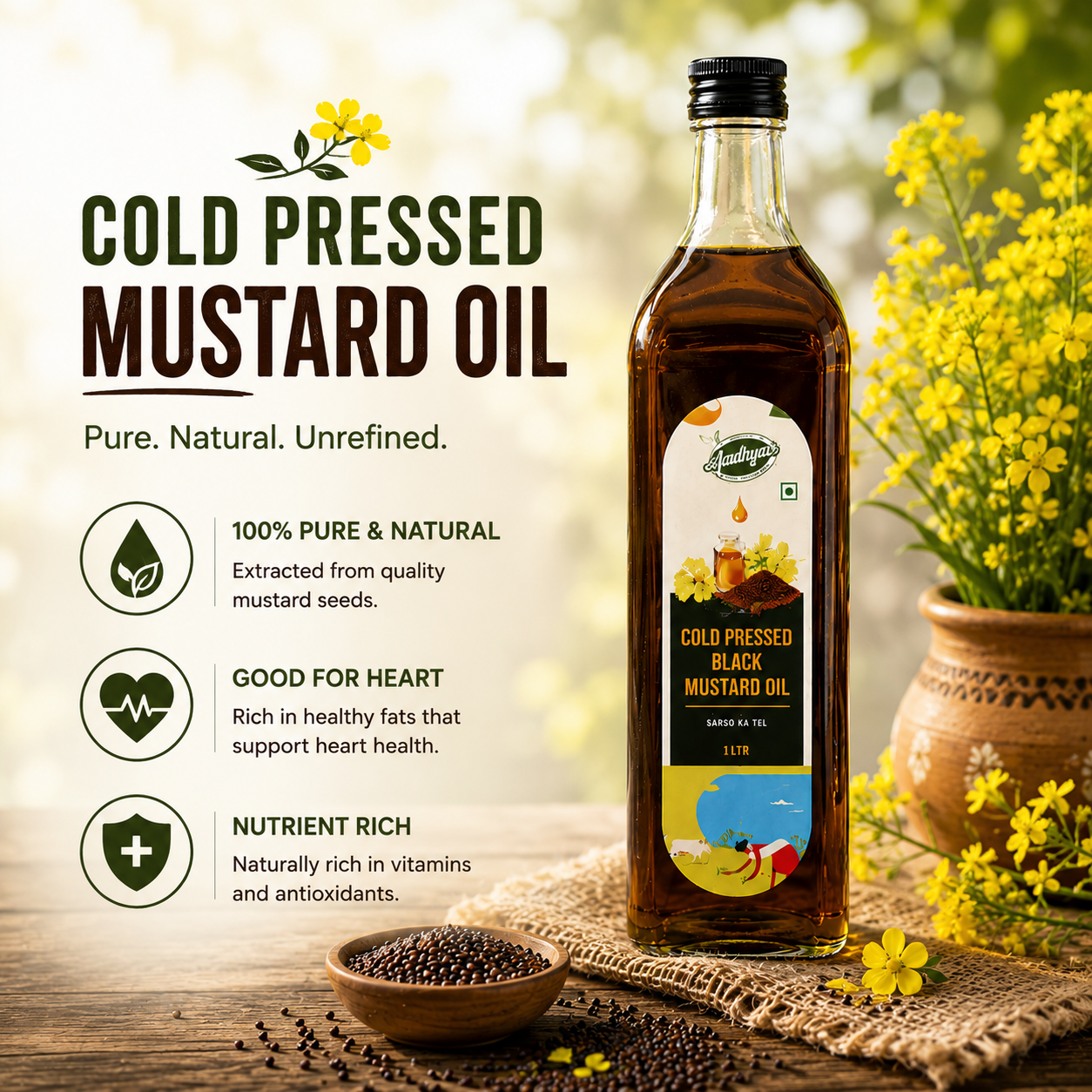 Aadhyaa Coldpressed Mustard Oil 1 Ltr - bottle of cold-pressed oil | Aadhyaa Farm organic product
