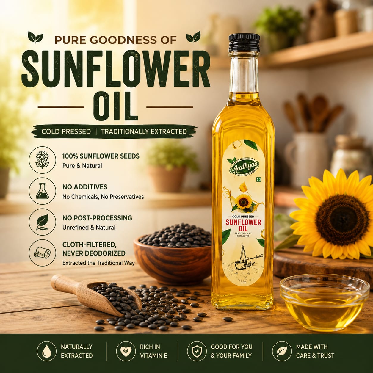 Aadhyaa Coldpressed Sunflower Oil 1 Ltr Each (Pack Of 5) - bottle of cold-pressed oil | Aadhyaa Farm organic product