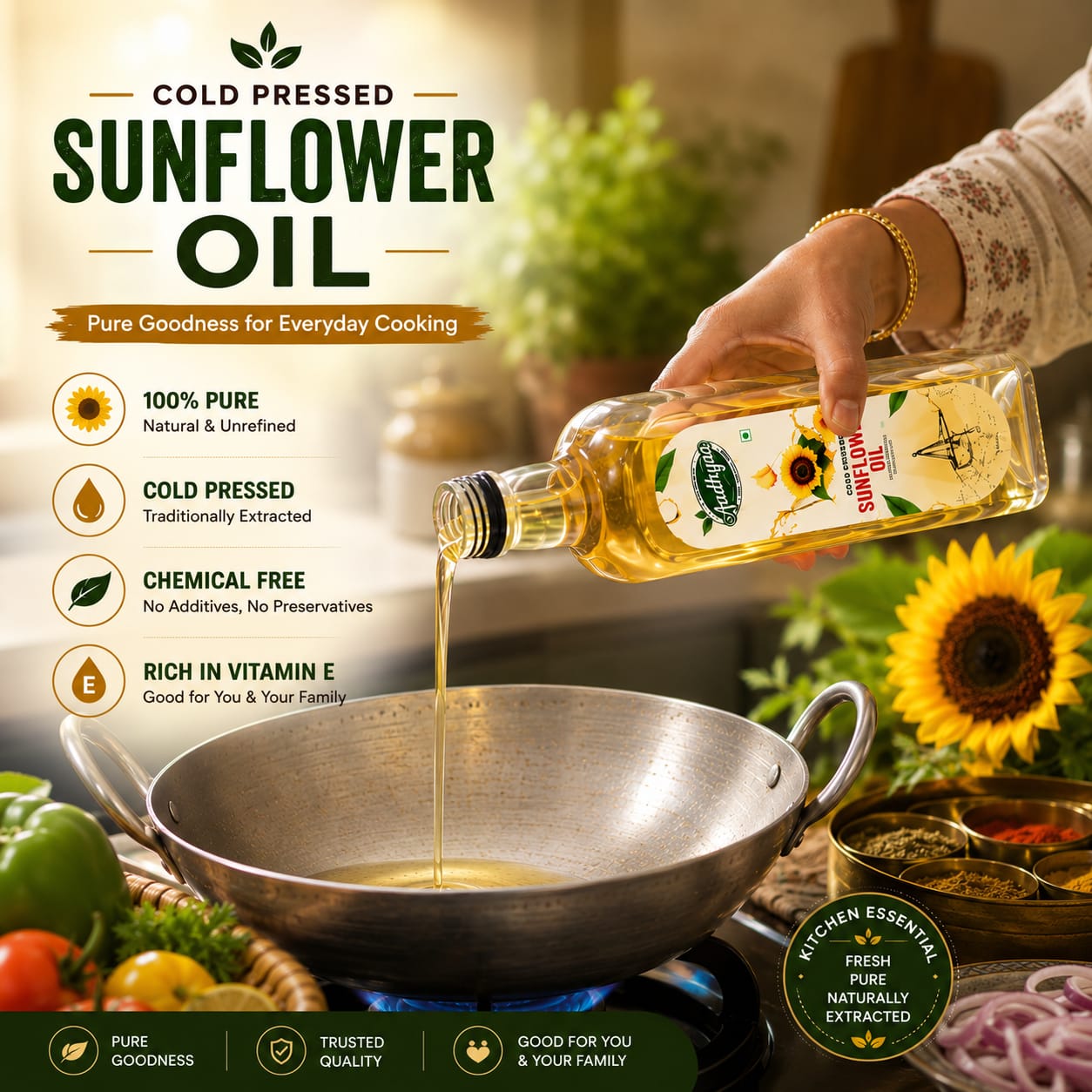 Aadhyaa Coldpressed Sunflower Oil 1 Ltr Each (Pack Of 5) - bottle of cold-pressed oil | Aadhyaa Farm organic product
