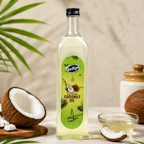 Aadhyaa Cold Pressed Coconut Oil - bottle of cold-pressed oil | Aadhyaa Farm organic product