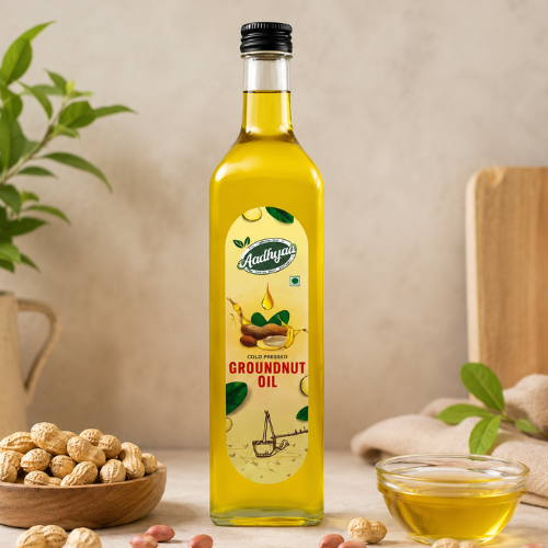 Aadhyaa Cold Pressed Groundnut Oil 1 Ltr - bottle of cold-pressed oil | Aadhyaa Farm organic product