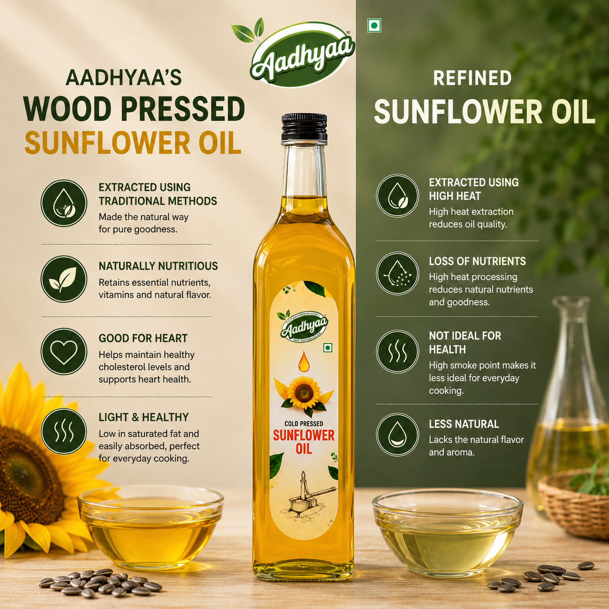 Aadhyaa Coldpressed Sunflower Oil 1 Ltr - bottle of cold-pressed oil | Aadhyaa Farm organic product