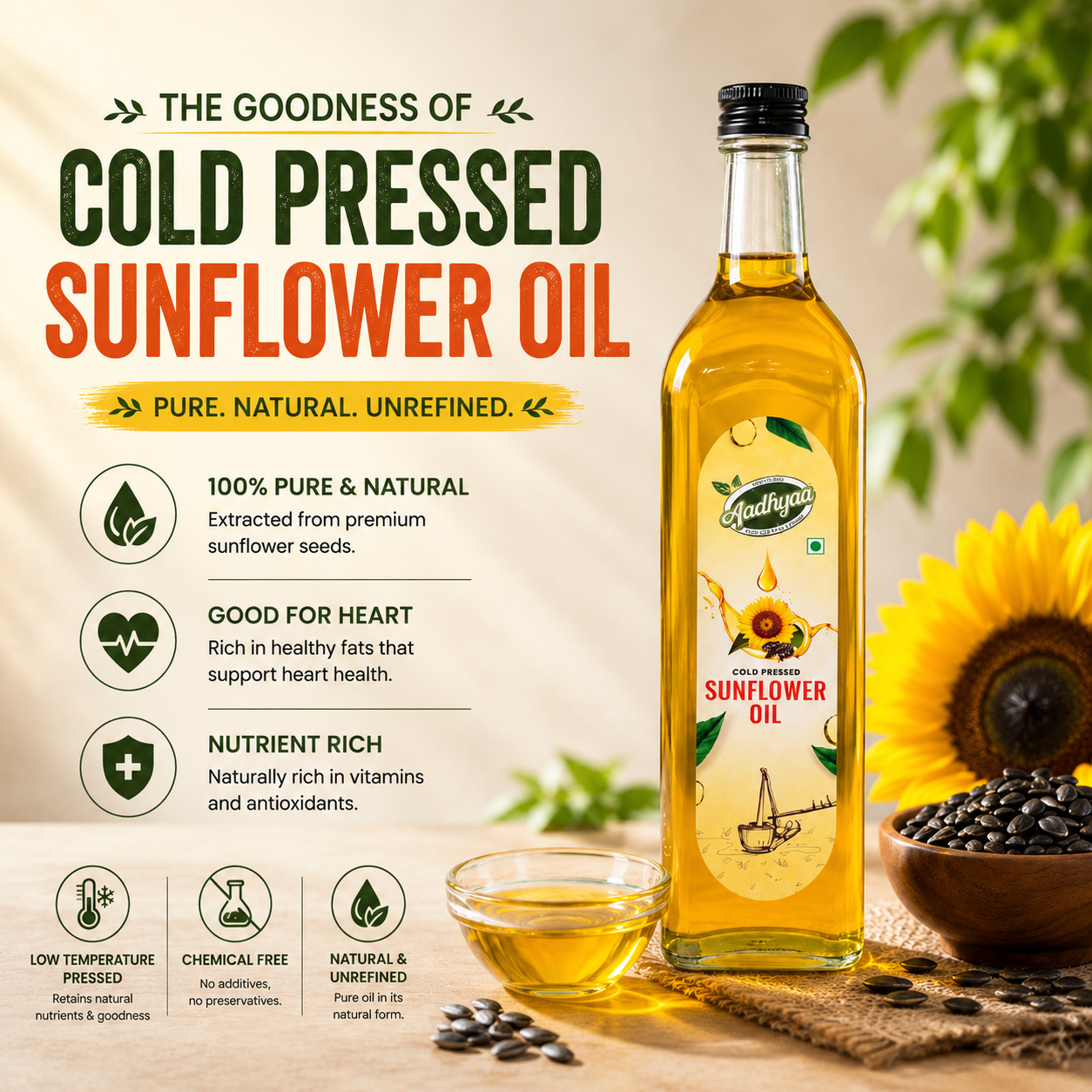 Aadhyaa Coldpressed Sunflower Oil 1 Ltr - bottle of cold-pressed oil | Aadhyaa Farm organic product
