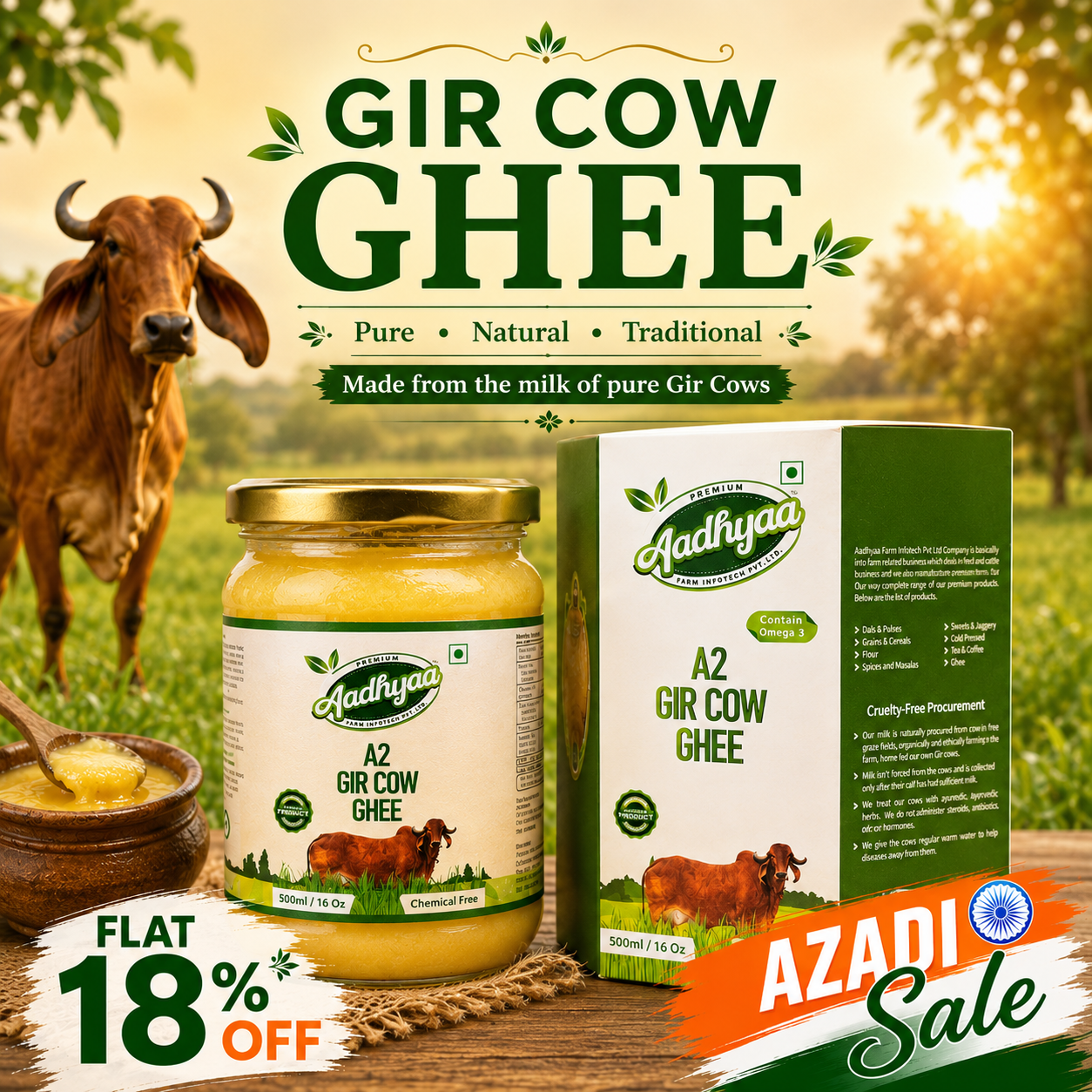 Aadhyaa Pure A2 Gir Cow Ghee - Bilona Vedic Method Made During Brahma Mahurat - jar of ghee | Aadhyaa Farm organic product