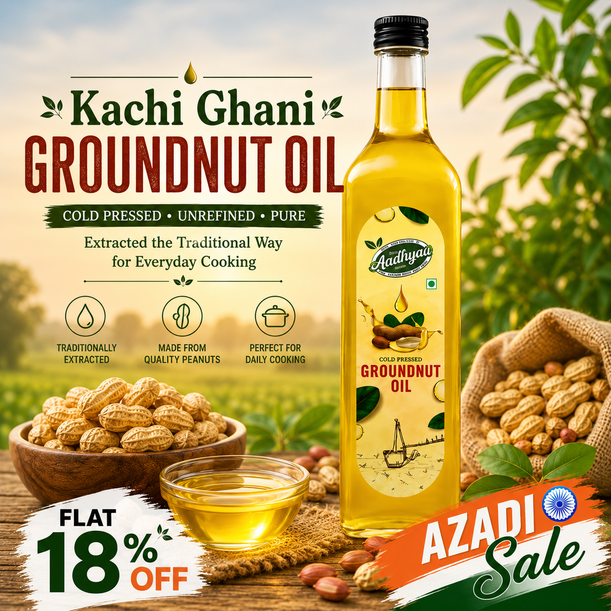 Aadhyaa Cold Pressed Groundnut Oil 1 Ltr - bottle of cold-pressed oil | Aadhyaa Farm organic product