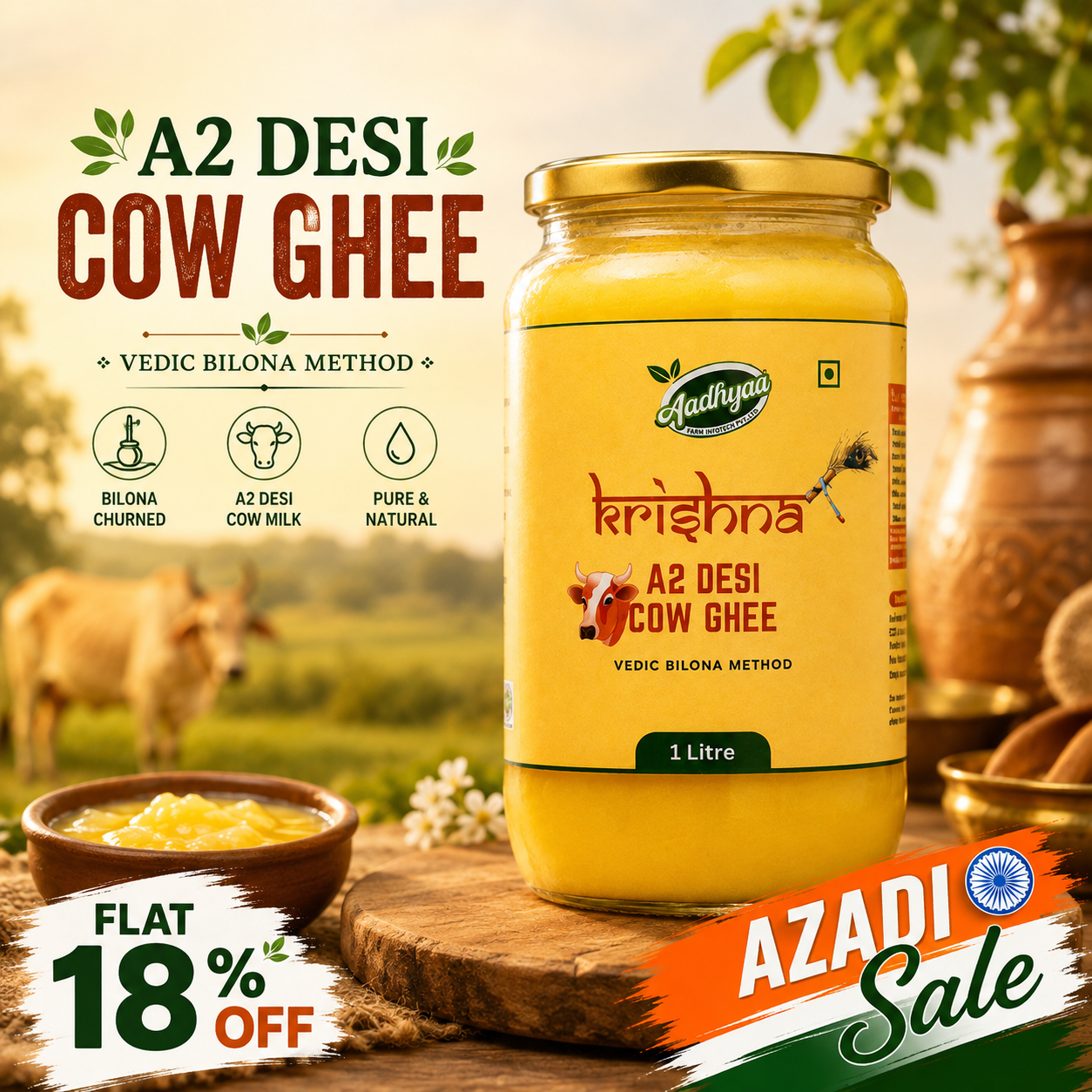Aadhyaa A2 Desi Cow Ghee - Made From Bilona Method - jar of ghee | Aadhyaa Farm organic product