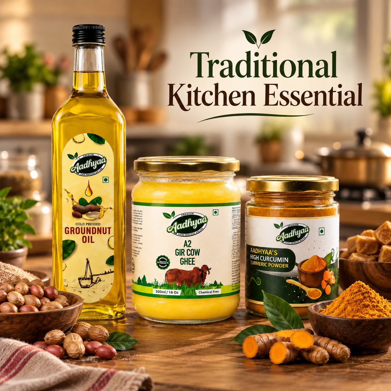 Traditional Kitchen Essential Combo Pack with A2 Gir Cow Ghee, Wood Pressed Groundnut Oil and High Curcumin Turmeric Powder by Aadhyaa Farm