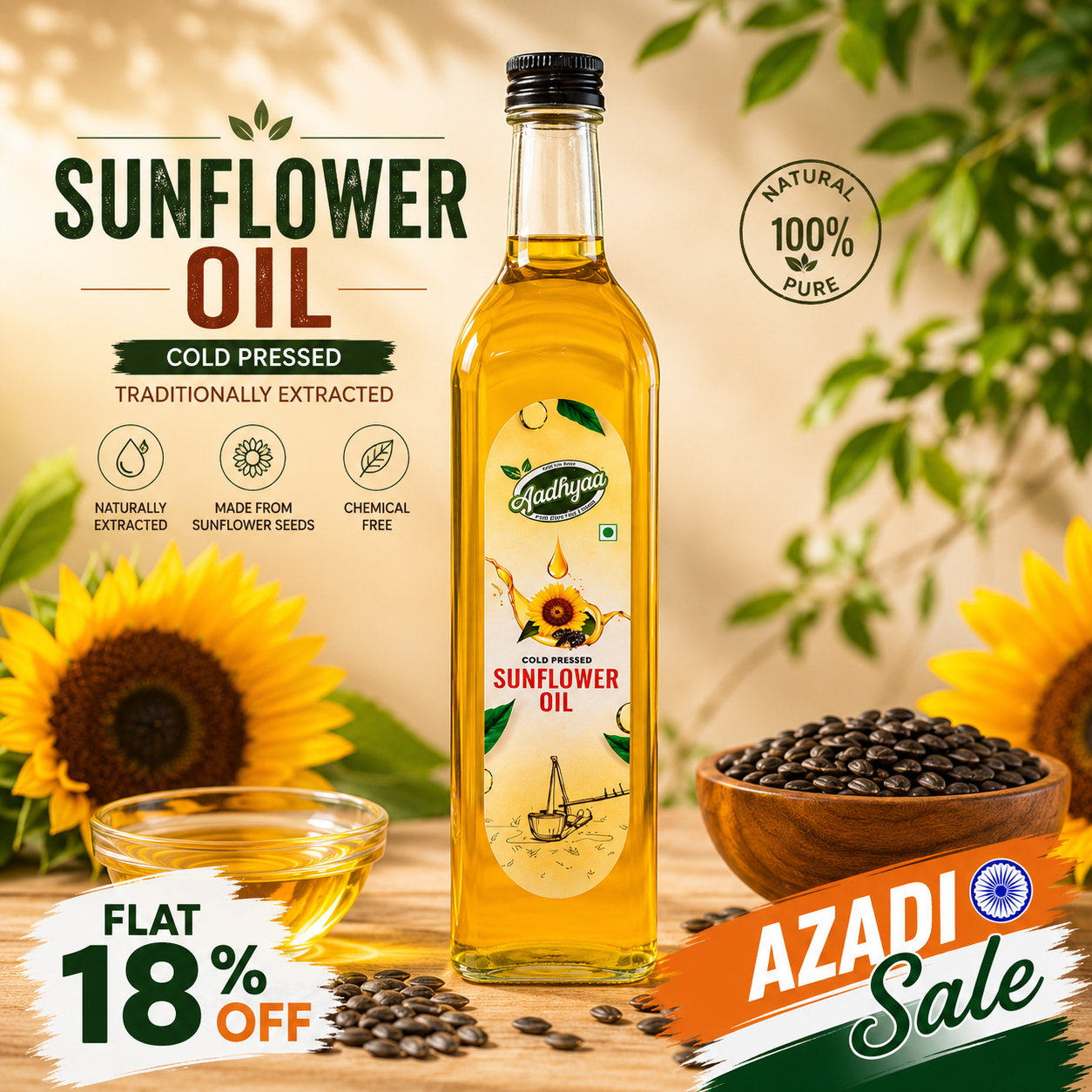 Aadhyaa Coldpressed Sunflower Oil 1 Ltr - bottle of cold-pressed oil | Aadhyaa Farm organic product