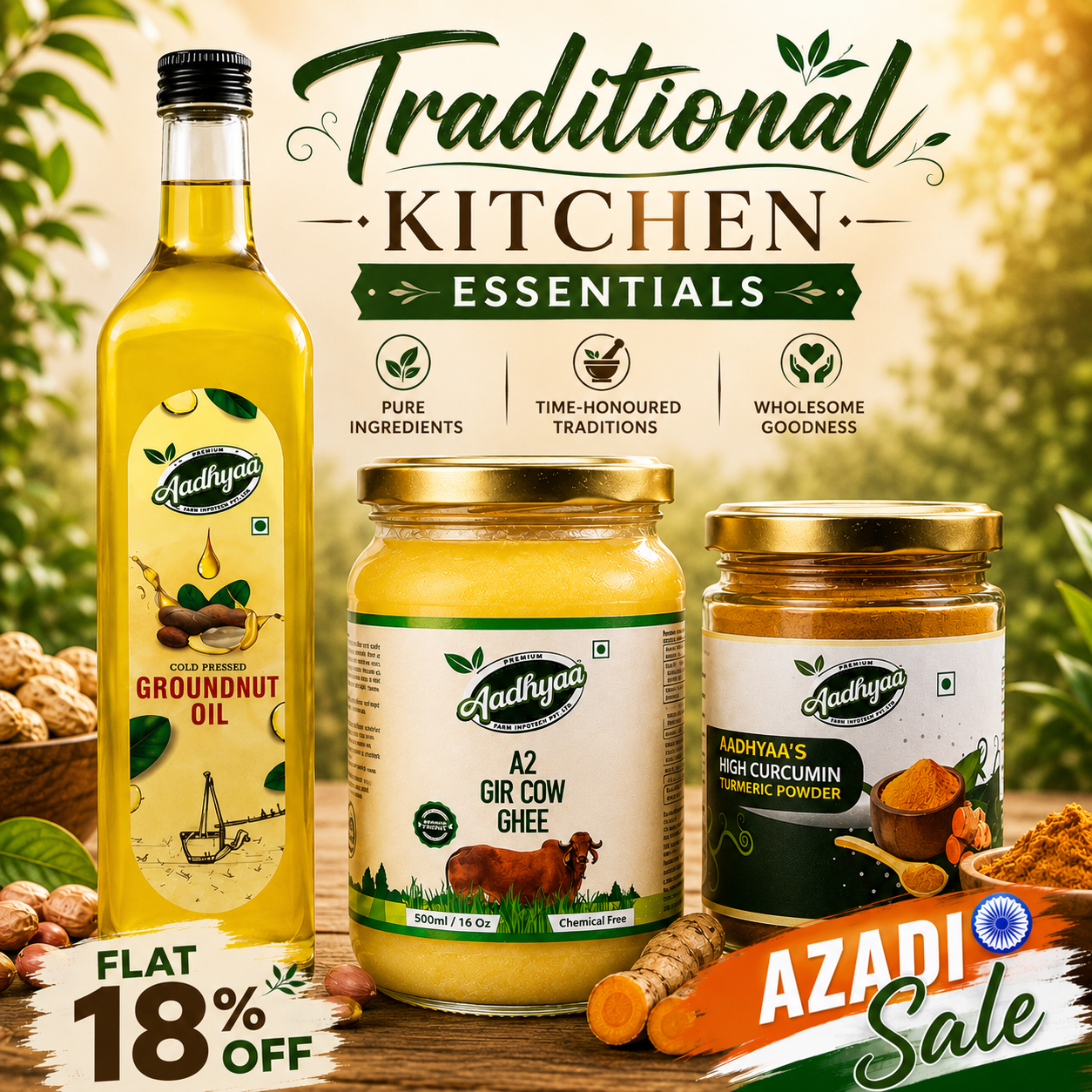 Traditional Kitchen Essential Combo Pack with A2 Gir Cow Ghee, Wood Pressed Groundnut Oil and High Curcumin Turmeric Powder by Aadhyaa Farm