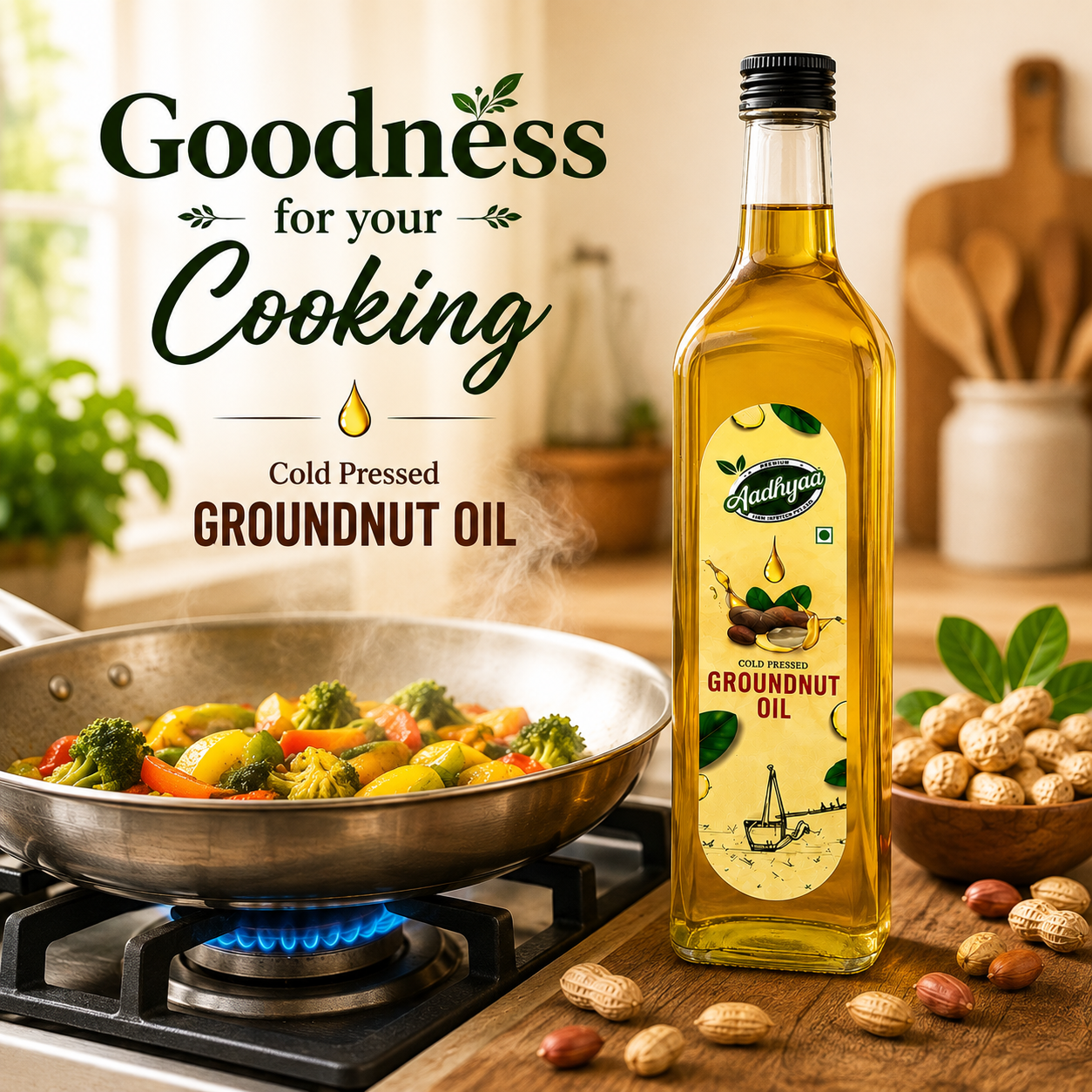 Traditional Kitchen Essential Combo Pack with A2 Gir Cow Ghee, Wood Pressed Groundnut Oil and High Curcumin Turmeric Powder by Aadhyaa Farm